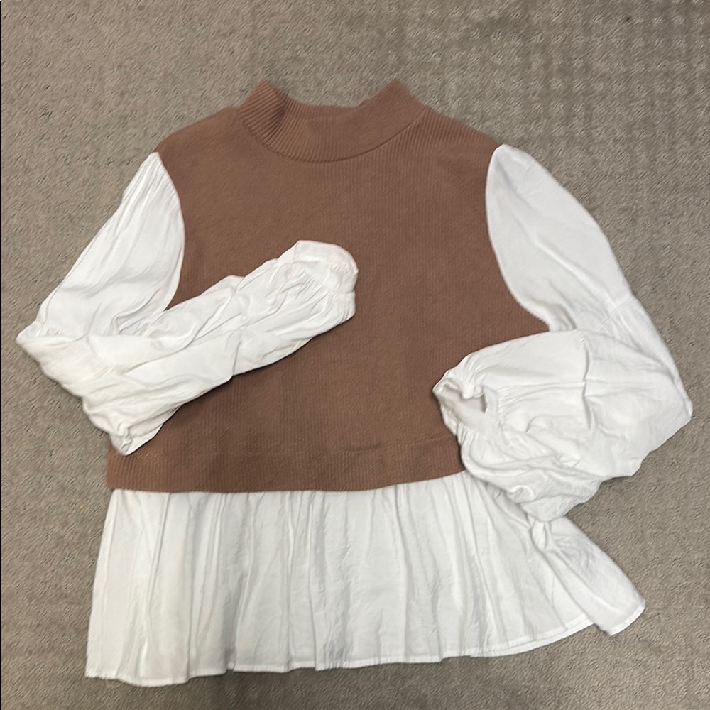 Anthropologie Brown Knit Vest with White Layered Blouse